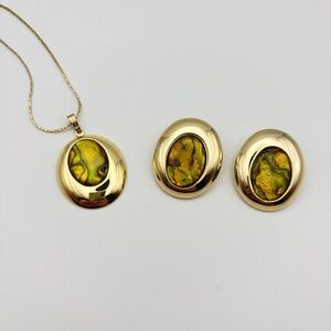 Vintage Gold Tone Abalone Shell Pendant Necklace & Clip-On Earrings Set